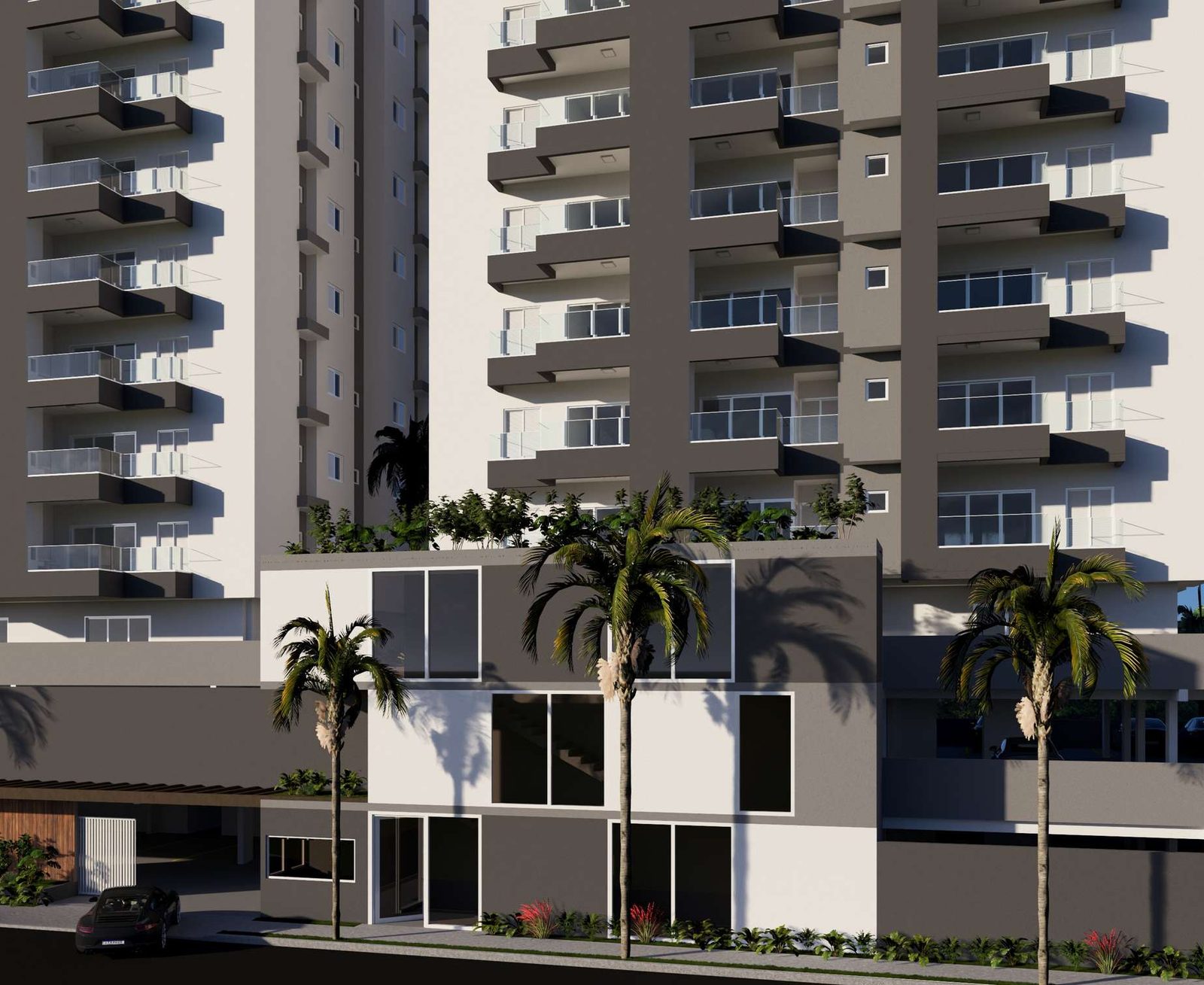 Render aproximado da fachada do Residencial Sardenha, mostrando as varandas das torres e o embasamento comercial no térreo.