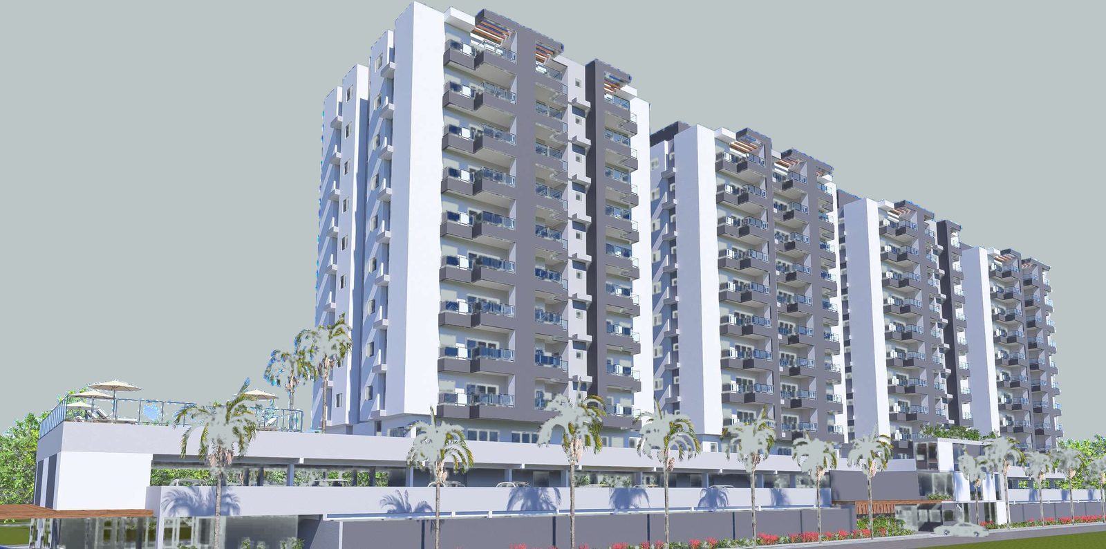 Volumetria das quatro torres do Residencial Sardenha vistas de frente, com o embasamento e o paisagismo.