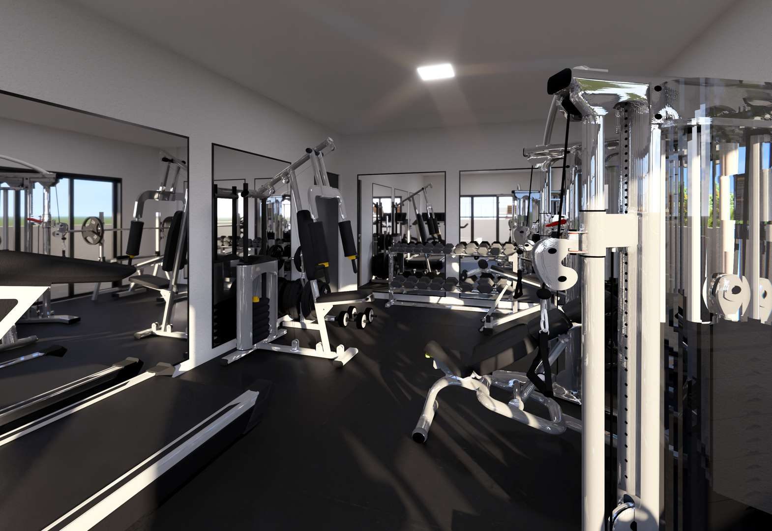 Academia equipada com esteiras, aparelhos de musculação e espelhos.