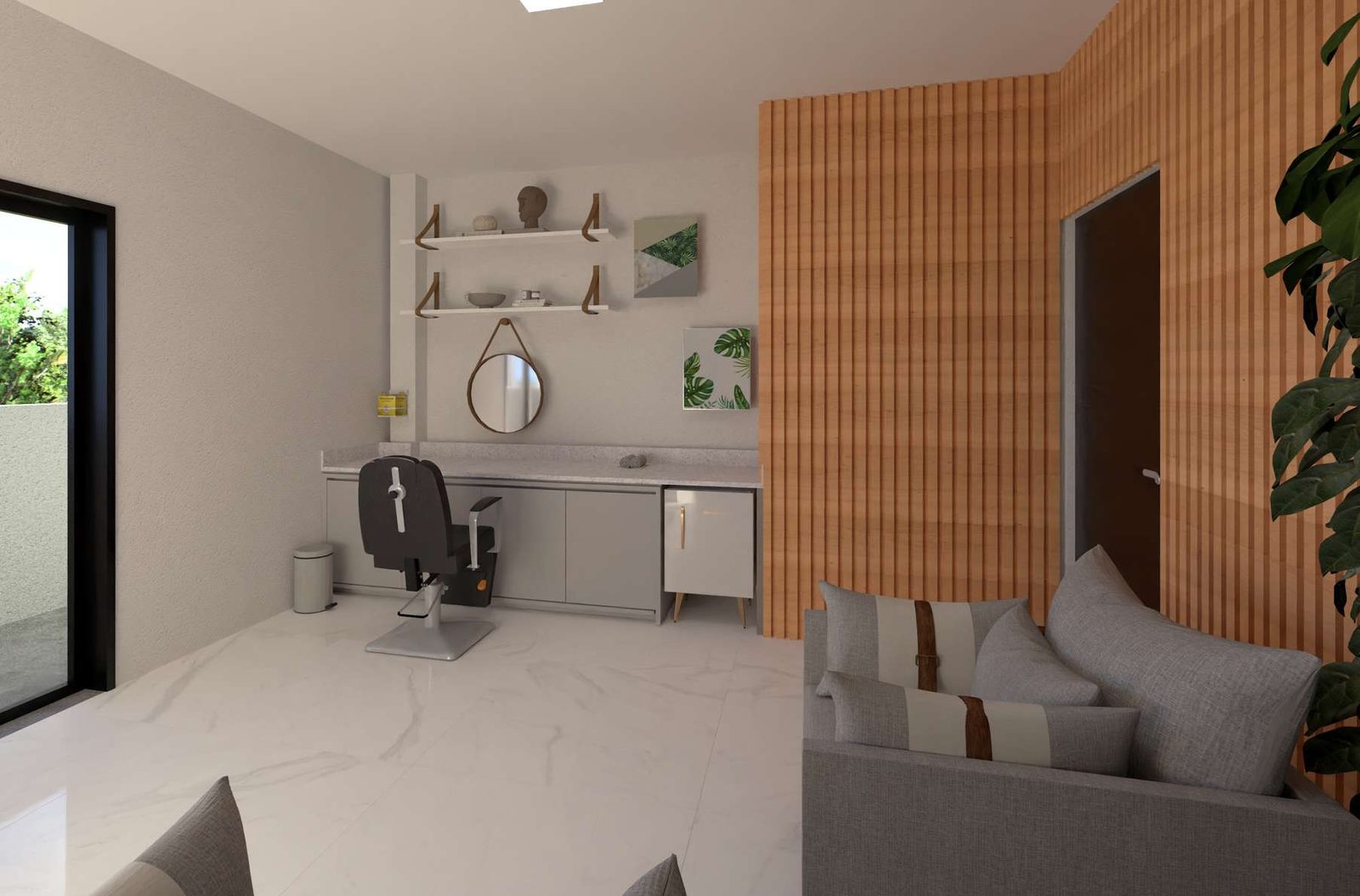 Espaço beauty care com cadeira, bancada e espelho iluminado.