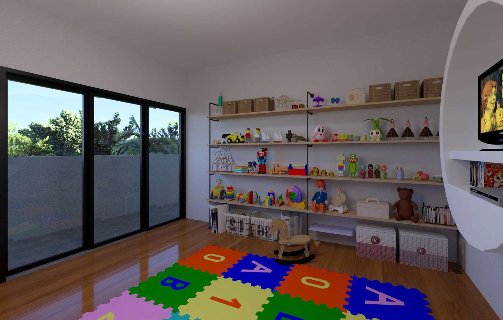 Brinquedoteca com piso emborrachado, mesa infantil e prateleiras de brinquedos.
