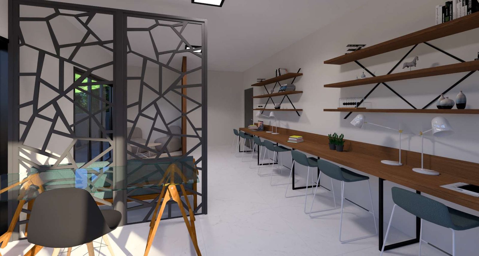 Espaço de coworking com bancadas compartilhadas e cadeiras de trabalho.