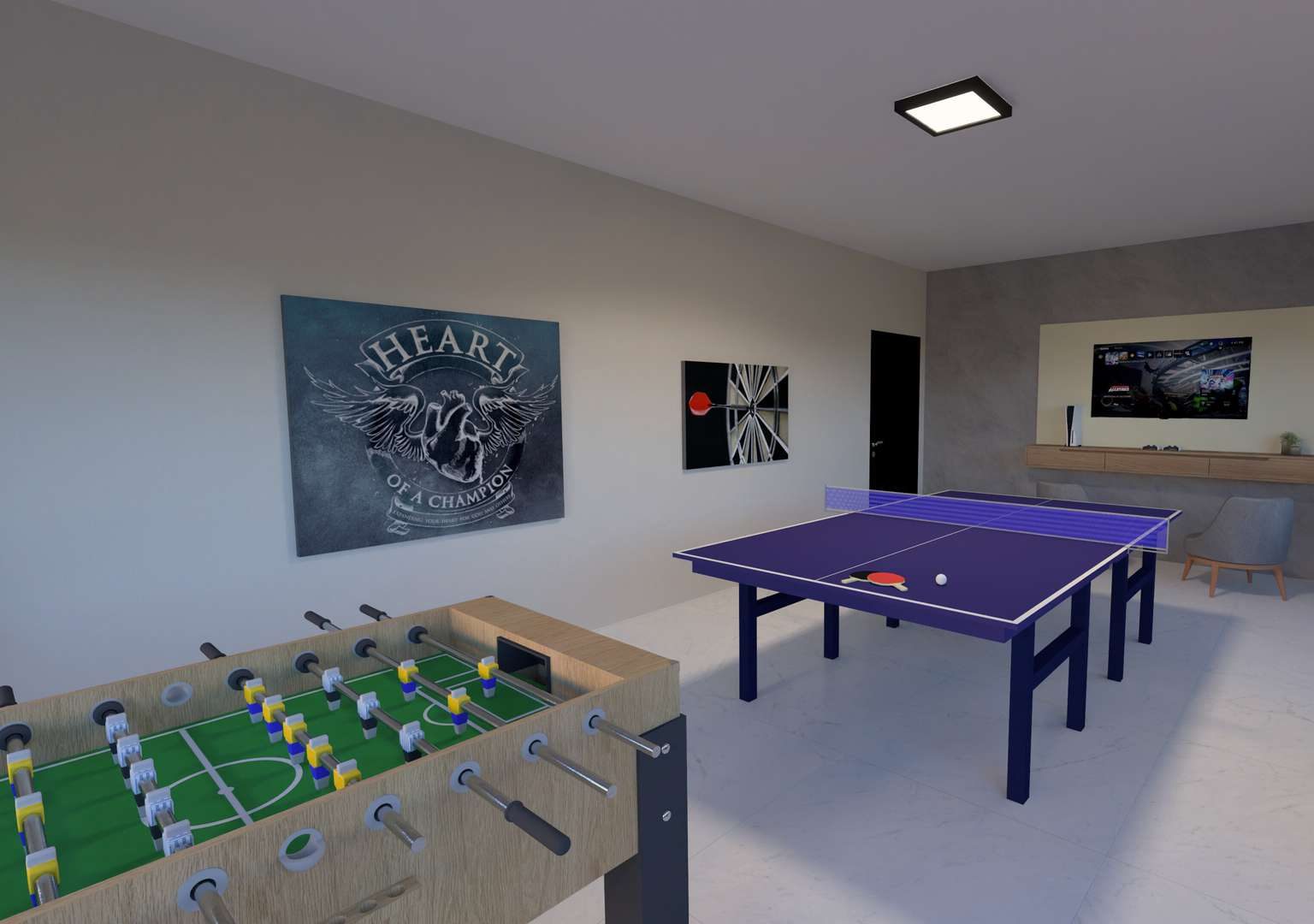 Salão de jogos com mesa de sinuca e área de convivência.