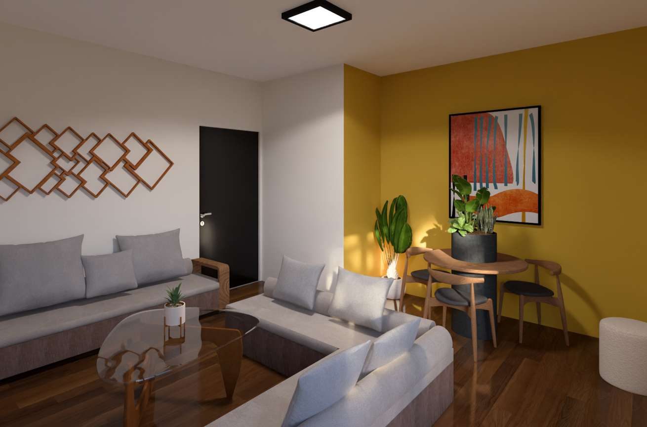 Lounge de convivência com sofás, poltronas e iluminação indireta.