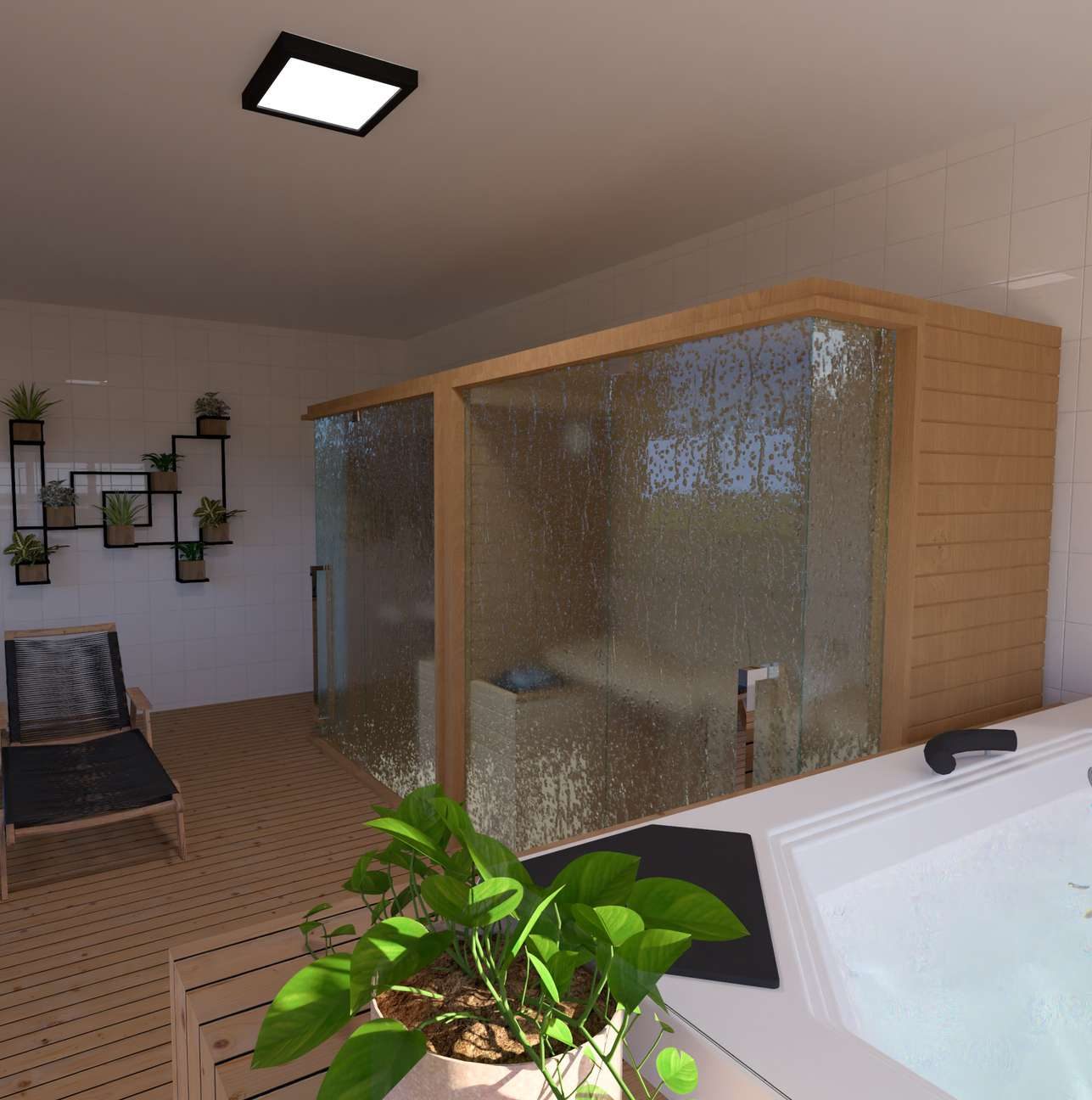 Área de ofurô e sauna com revestimento em madeira e iluminação suave.