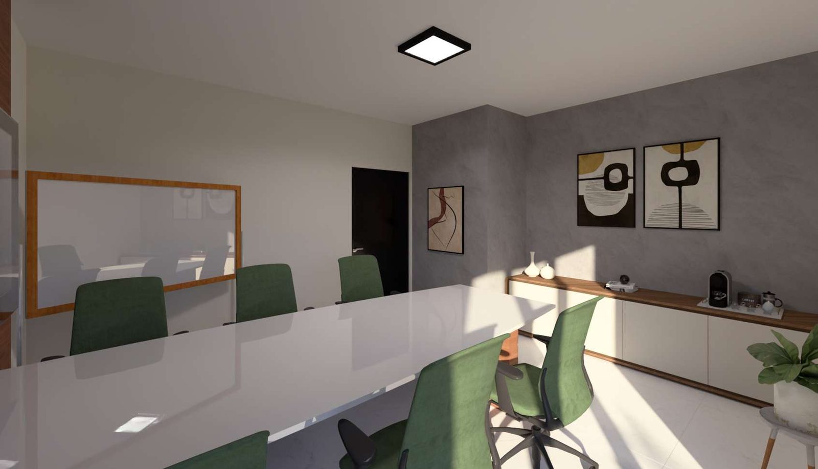 Sala de reuniões com mesa central, cadeiras e tela de projeção.