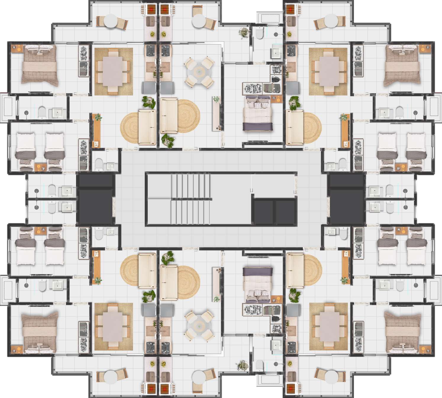 Planta do pavimento tipo da torre, com as seis unidades por andar identificadas pelos finais 1 a 6.