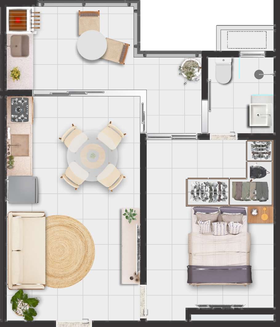 Planta baixa do apartamento de 43m²: suíte, sala e cozinha integradas e varanda gourmet.