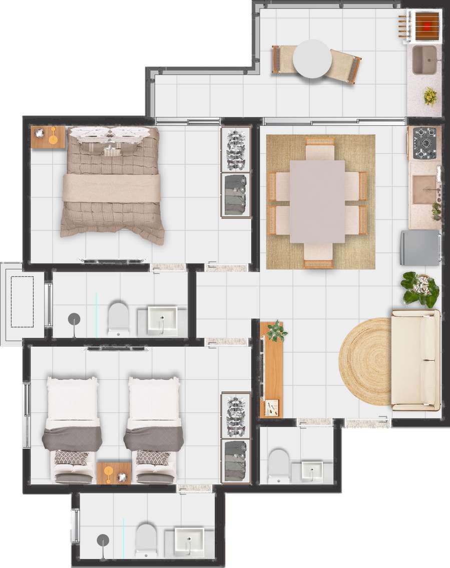 Planta baixa do apartamento de 61m²: duas suítes, lavabo, sala e cozinha integradas e varanda gourmet.