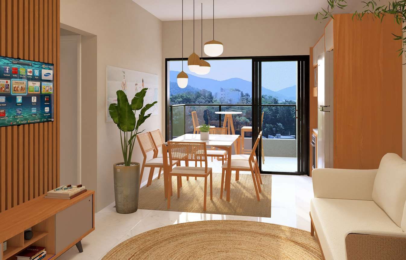 Sala e cozinha integradas do apartamento de 61m², com mesa de jantar e porta de vidro para a varanda.